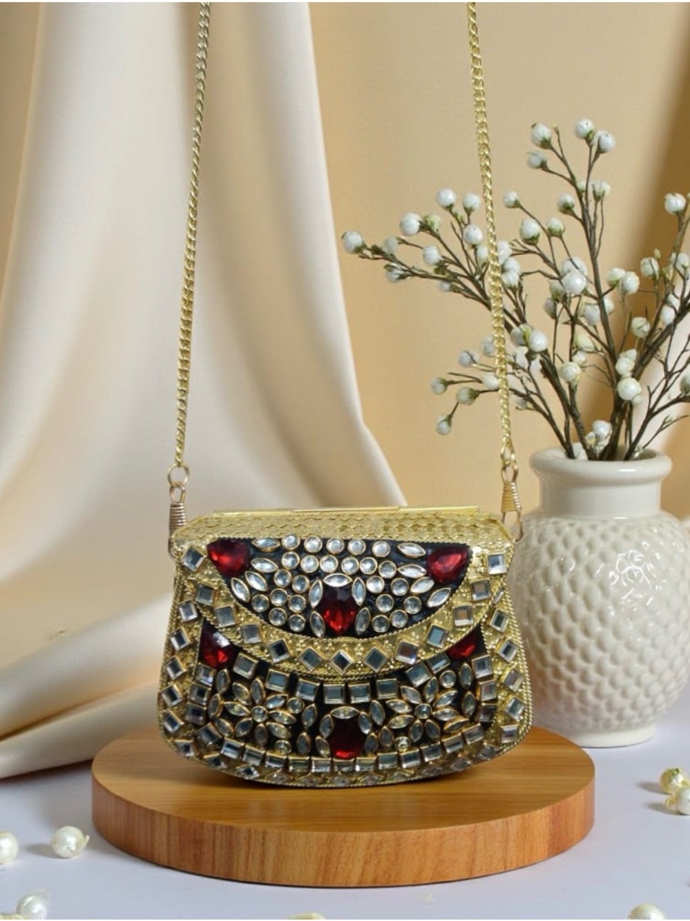 Gold Jeweled Evening Crossbody Bag with Red Accent